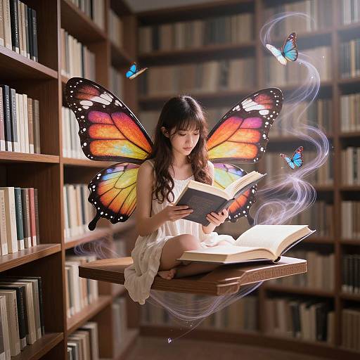 Digital illustration of a young girl with vibrant orange and black butterfly wings reading books in a library, surrounded by floating blue butterflies and ethereal smoke.