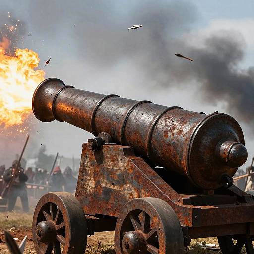 Photograph of a rusted, antique cannon firing with bright orange flames, smoke, and flying projectiles in the background. Battlefield setting.