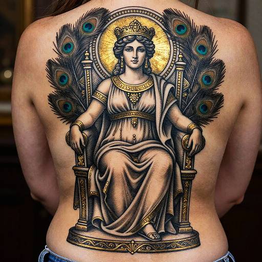 Tattoo on back: detailed black and gold image of classical goddess with peacock feathers, crown, seated on ornate throne, wearing flowing dress
