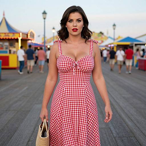 Photograph of a curvy woman with dark hair, wearing a red-checkered sundress, holding a straw bag, walking on a busy boardwalk