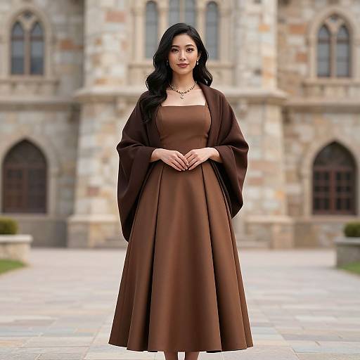 Digital art of an East Asian woman with wavy black hair, wearing a brown dress and open brown cardigan, standing in front of a blurred stone