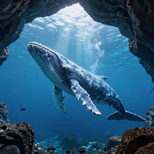 Photograph of a massive humpback whale swimming through a sunlit underwater cave, surrounded by rocky formations and small fish.