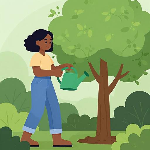 Young Woman Watering Lush Tree Vector