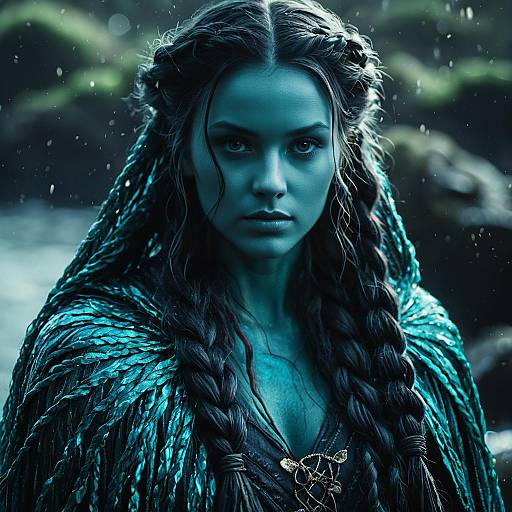 Portrait of Blue-Skinned Siren with Braided Hair