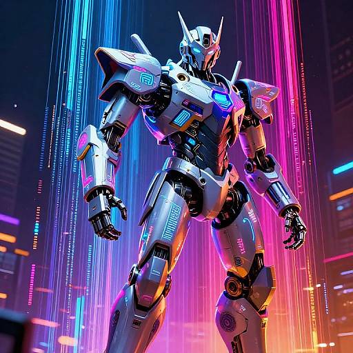 Digital CGI of a futuristic, silver robotic warrior with neon blue and pink lights, standing in a vibrant, cyberpunk cityscape with vertical light beams.