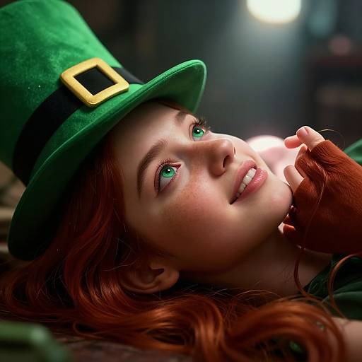 Photograph of a smiling young woman with green eyes, red hair, freckles, wearing a green elf hat with a yellow buckle, lying down
