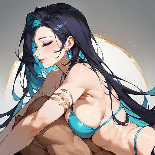 Anime Woman in Teal Bikini Relaxing
