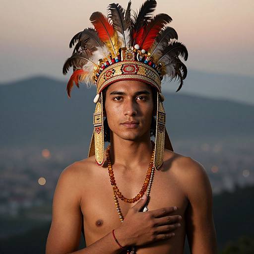 Photograph of a young, shirtless man with medium brown skin wearing an elaborate Native American headdress with colorful feathers, beaded necklace, and red