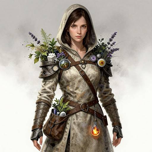 Digital art of a strong, brown-haired woman in a hooded, beige, medieval-style dress, adorned with flowers, armor, and a glowing pendant