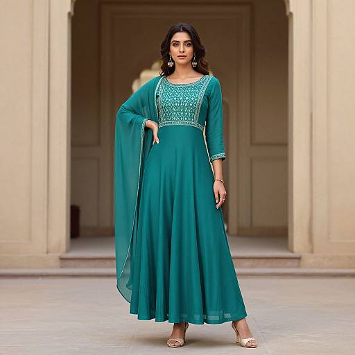 Photograph of a confident South Asian woman with wavy black hair, wearing a teal traditional kameez and dupatta, standing in a beige ar