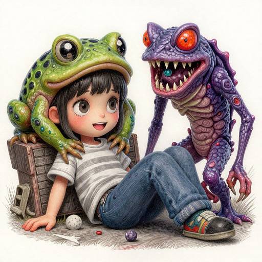 Digital illustration of a cute boy wearing a green frog hat, sitting beside a purple, red-eyed, monster with sharp teeth.