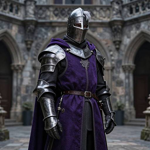 Photorealistic CGI of medieval knight in shining silver armor and purple cloak, standing in front of a stone Gothic archway.