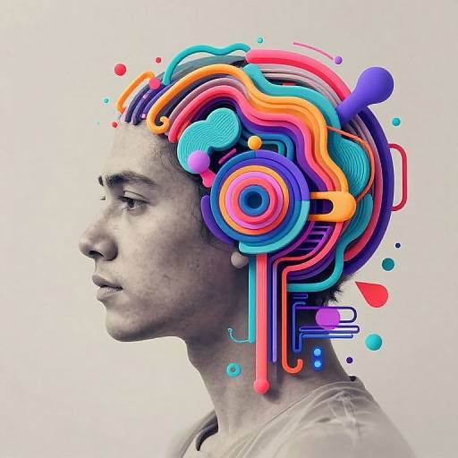 Digital artwork of a side-profile, light-skinned male head with vibrant, colorful, abstract, circuit-like patterns and shapes replacing his hair and brain,