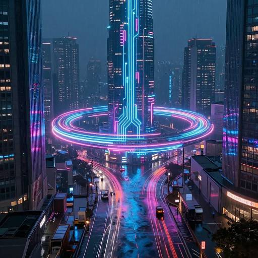 Neon-lit futuristic cityscape: vibrant blue and pink neon rings surround towering skyscrapers, illuminated streets with glowing traffic lights and moving buses below
