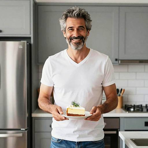 Photograph of a smiling middle-aged man with gray hair and beard, wearing a white V-neck t-shirt, holding a slice of lemon cake with a