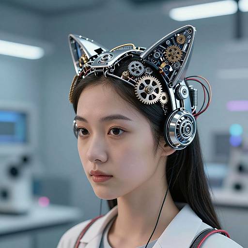 Photograph of an Asian woman with dark hair wearing a cybernetic headpiece with gears and headphones, set in a futuristic lab.