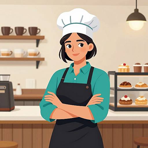 Digital illustration of a smiling Asian woman baker with black hair, green shirt, black apron, white chef hat, arms crossed, standing in a cozy