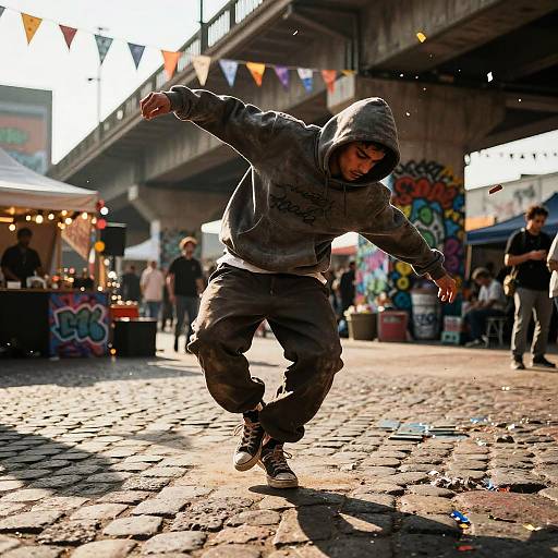 Photograph of a teenage boy in a gray hoodie and baggy pants, mid-dance on a sunlit, cobblestone street, with colorful