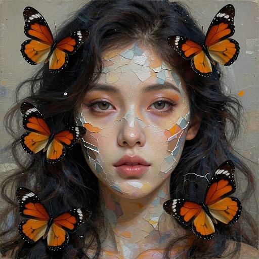 Digital painting of a young woman with wavy black hair, fair skin, and cracked glass-like face, surrounded by six vibrant orange and black butterflies against