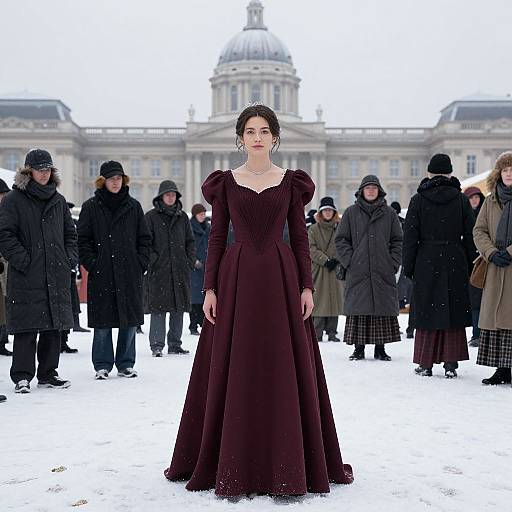 Photograph of a fair-skinned woman in a deep burgundy, long-sleeved ball gown standing in snowy plaza, surrounded by people in winter