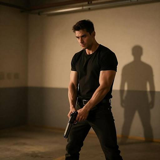Muscular Man with Gun in Industrial Room