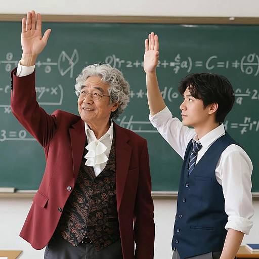 Teacher and Student Raising Hands in Classroom