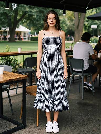 Photograph of a young woman in a black-and-white gingham sundress with spaghetti straps and white sneakers, standing outdoors at a café. Blurred