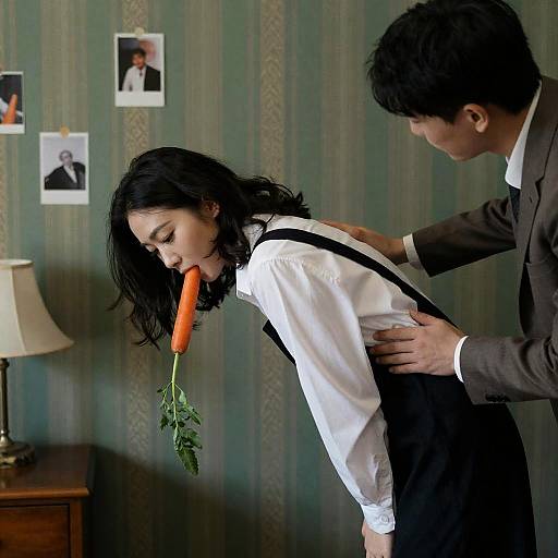 Woman with Carrot in Mouth and Man Touching Back Indoors