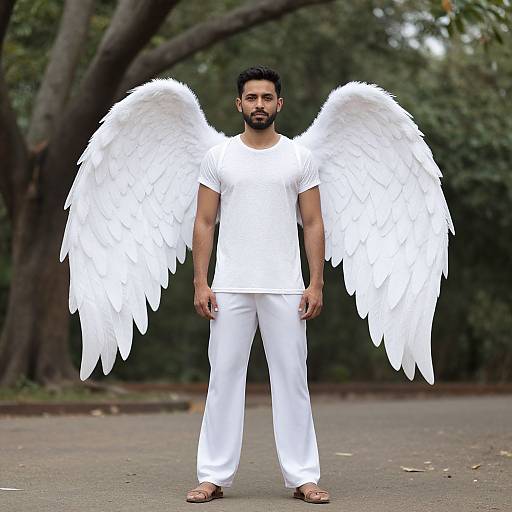 Photograph of a bearded man with large, white angel wings, wearing a white t-shirt and pants, standing in a forest path.