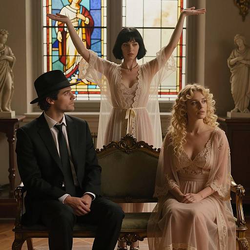 Three People in Vintage Indoor Setting with Stained Glass