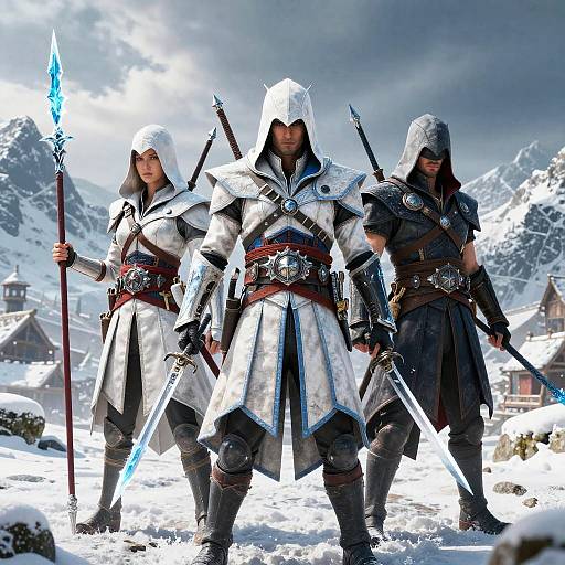 Photorealistic digital art of three armored, hooded warriors with glowing ice weapons in snowy mountain village, wearing white and dark metal armor.