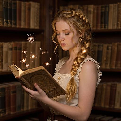 Photograph of a fair-skinned, blonde woman with braided hair, wearing a white lace dress, reading a magical book with glowing stars in a