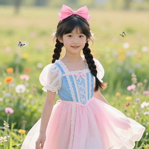 Cute Girl in Sunny Meadow with Bow