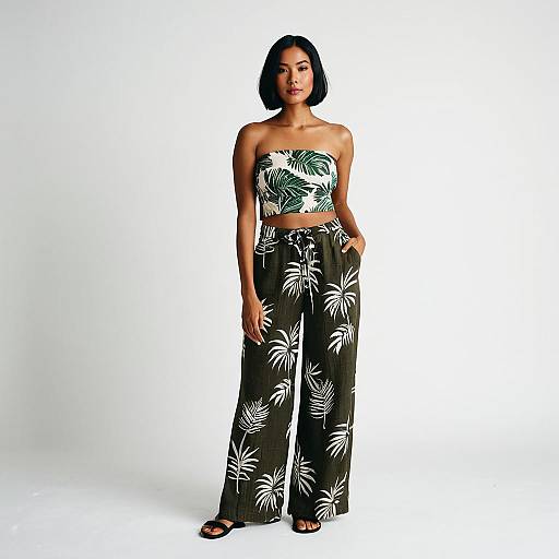 Woman in Tropical Print Tube Top and Linen Pants