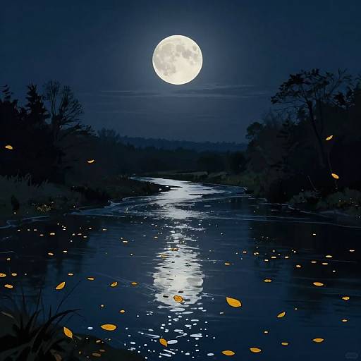 Digital artwork of a tranquil night scene featuring a bright full moon over a reflective, starlit river with glowing yellow leaves floating. Silhouetted trees