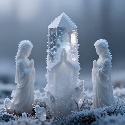 Photograph of two white angel figurines, frost-covered, flanking a glowing, icy crystal centerpiece, with frosty ground and soft blue light.