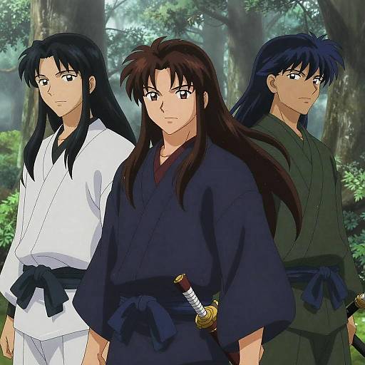 Anime-style illustration of three serious, long-haired men in martial arts robes: white, black, and green, standing in a forest. Black-robed