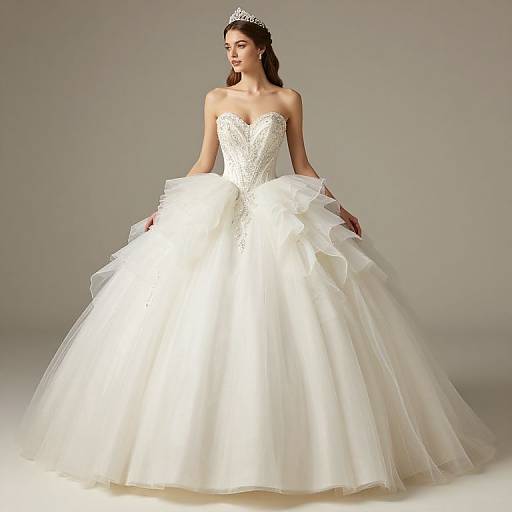 Photograph of a beautiful bride in a strapless, white lace and tulle wedding gown with a voluminous skirt, wearing a silver tiara,