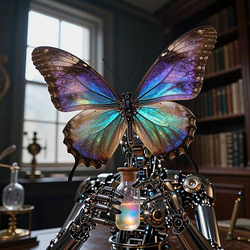 Photograph of a vibrant, iridescent butterfly perched on a steampunk clockwork machine, illuminated by a glowing bulb, in a dim