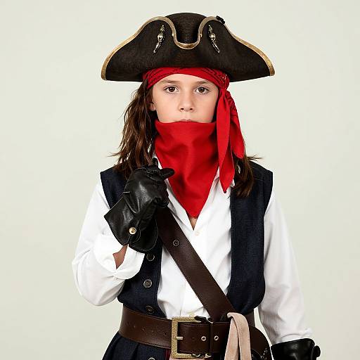 Photograph of a young child dressed as a pirate, wearing a black tricorn hat, red scarf, white shirt, black vest, and gloves,
