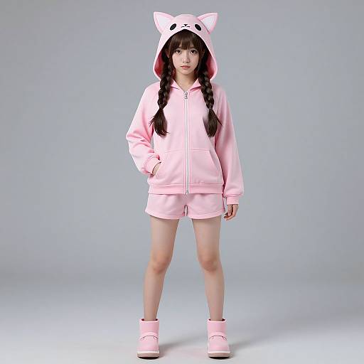 Photograph of an Asian girl with long black hair, wearing a pink cat-eared hoodie, matching shorts, and pink boots, standing against a plain