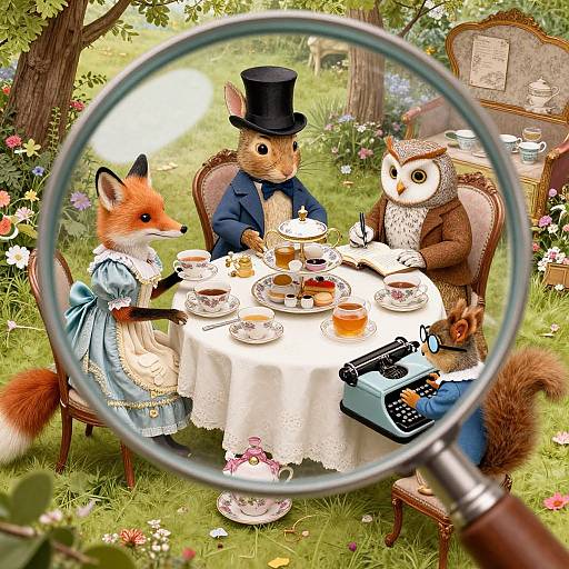 Photograph-style CGI: Magnified view of anthropomorphic fox, owl, and squirrel in Victorian attire, having tea with teacups, cake,