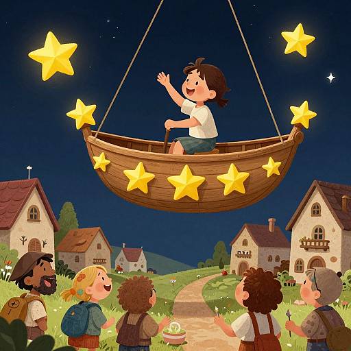 Illustration of a smiling child with black hair in a wooden swing, adorned with glowing yellow stars, lifted by ropes, amidst a night village scene with