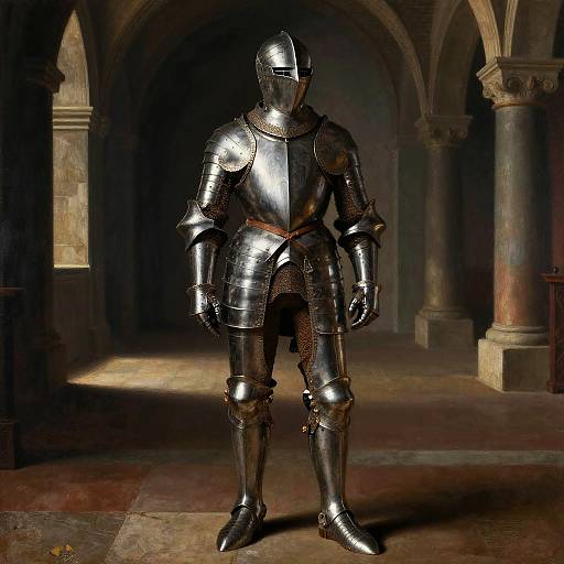 Photorealistic CGI of a medieval knight in shiny, reflective armor standing in a dim, arched stone hall with columns.