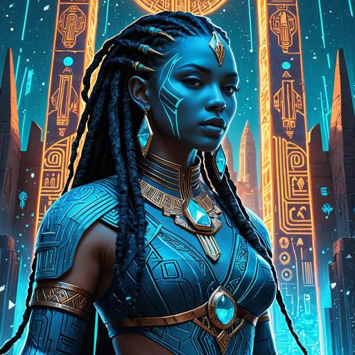 Cyber Sorceress with Neon Blue Skin and Hieroglyphs