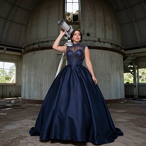 Photograph of a woman in a black, full-skirted, beaded gown, holding a silver telescope in a dilapidated, industrial warehouse