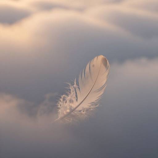 Photograph of a single, delicate white feather floating serenely against a soft, pastel-colored sky with gentle clouds.