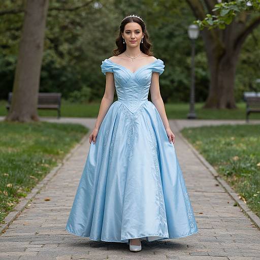 Photograph of a fair-skinned woman with long brown hair, wearing a light blue, off-shoulder satin ball gown, standing on a park