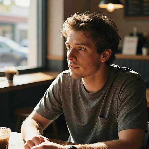 Photograph of a sunlit, middle-aged man with short, tousled brown hair, wearing a gray t-shirt, sitting pensively in a cozy