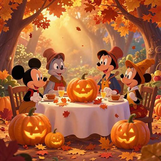 Digital illustration of Mickey Mouse, Pluto, and Minnie Mouse in autumnal forest, dining at a table with carved pumpkins, surrounded by fall leaves